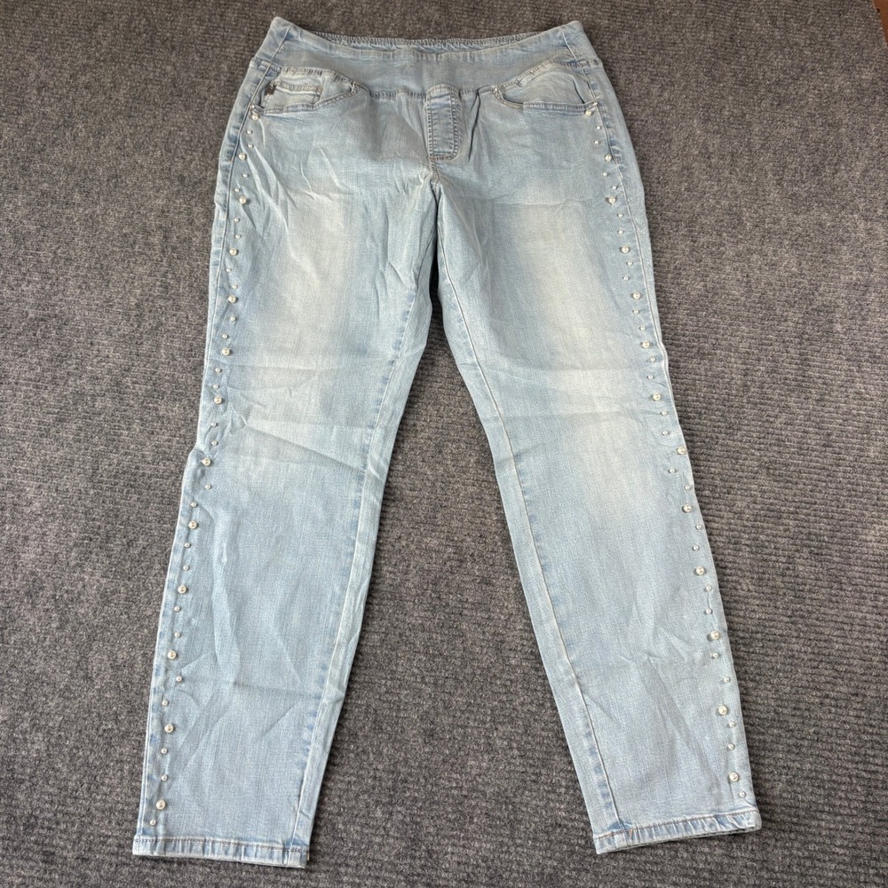 Belle by Kim Gravel Womens Size 18 Light Wash Pearl Studded Pull On Skinny Jeans